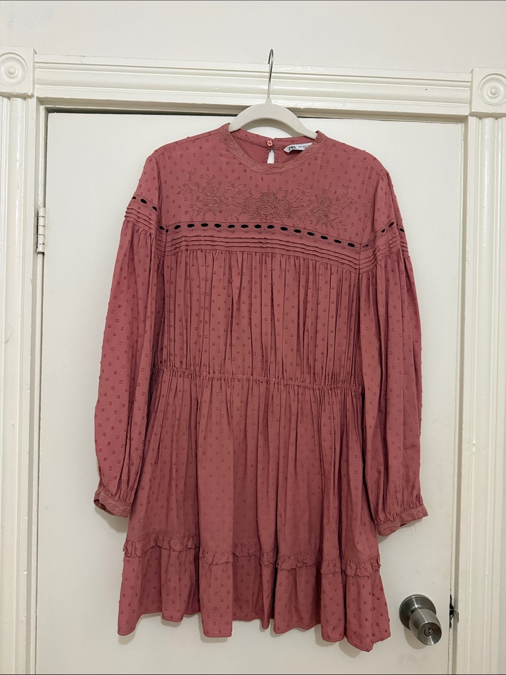Zara Dusty Rose Long-Sleeve Embroidered Mini Dress